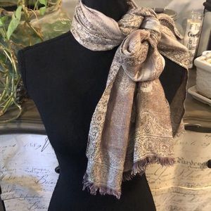 CEJON LARGE GLITTERY FRINGED FLORAL NECK SCARF SHAWL METALLIC GOLD TAN BROWN
